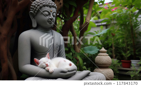 a cat sleeping in buddha hands a cat sleeping in buddha hands 117843170
