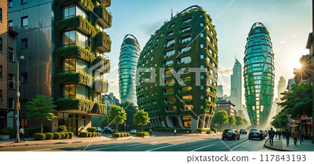 conceptual representation of a futuristic apartment building with a planted facade to regulate the temperature and create green spaces for natural diversity conceptual representation of a futuristic apartment building with a planted facade to regulate the temperature and create green spaces for natural diversity 117843193