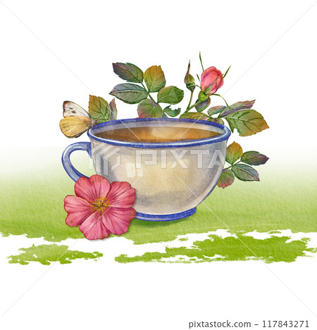 Watercolor of a ceramic teacup with a pink flower, rosehip, green leaves, and a butterfly on a grassy background. Illustration tea parties. Vintage. Ideal for tea-themed design, kitchen, botanical. Watercolor of a ceramic teacup with a pink flower, rosehip, green leaves, and a butterfly on a grassy background. Illustration tea parties. Vintage. Ideal for tea-themed design, kitchen, botanical. 117843271