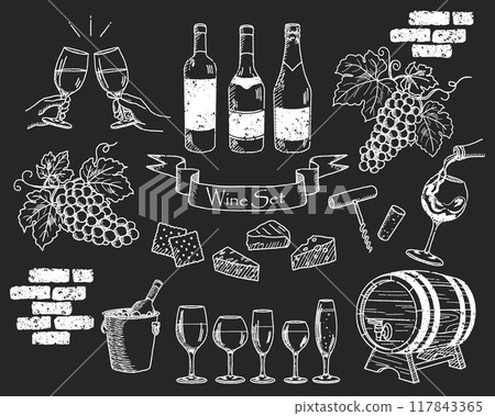 葡萄酒插圖集粉筆藝術風格 葡萄酒插圖集粉筆藝術風格 117843365