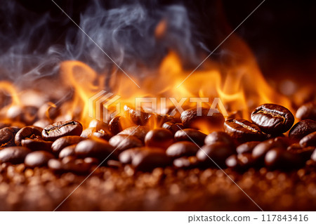 Flames and coffee beans reminiscent of roasting 117843416