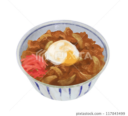 Illustration of beef bowl topped with a soft-boiled egg 117843499