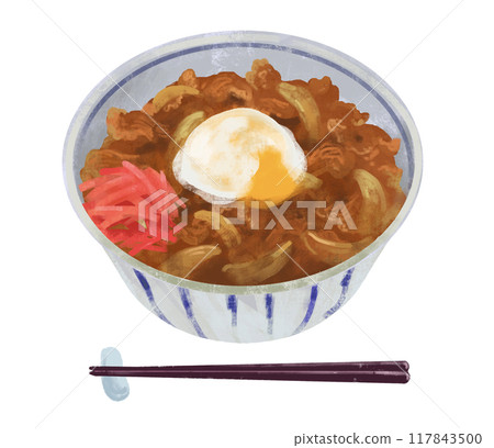 Illustration of beef bowl topped with a soft-boiled egg 117843500