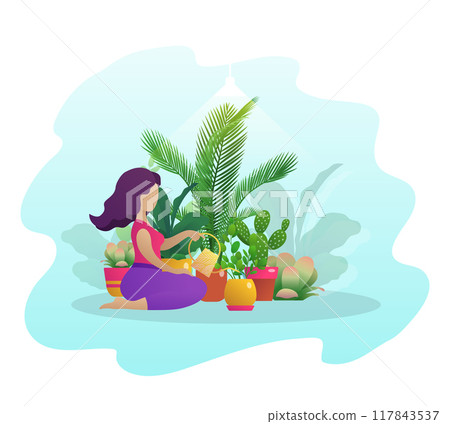 Woman taking care of houseplants. Girl watering plants growing in pots with watering can. Planter hobby, botanical interest, home gardening concept flat vector illustration Woman taking care of houseplants. Girl watering plants growing in pots with watering can. Planter hobby, botanical interest, home gardening concept flat vector illustration 117843537