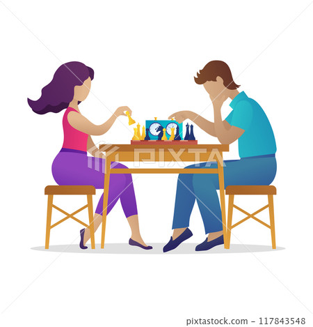 Chess club tournament, family couple leisure activity. Young man and woman sitting at table and playing strategic board game together. Joint pastime during quarantine. Flat vector illustration 117843548