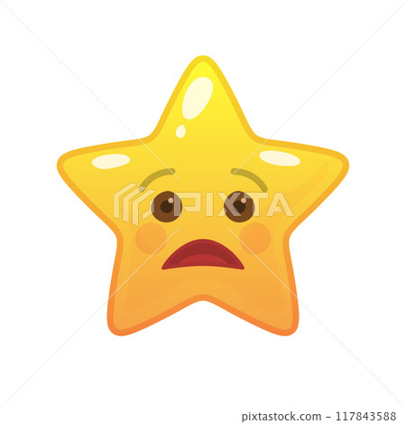 Sad star shaped comic emoticon. Tragic face with facial expression. Sorrowful emoji symbol for internet chatting. Funny social communication animated character. Mood message isolated vector element 117843588