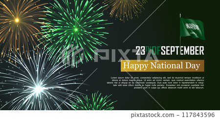 Happy national day of Kingdom of Saudi Arabia. Horizontal print card vector design with realistic dazzling display of fireworks. Patriotic holiday and traditional festival celebrated 23th of September 117843596