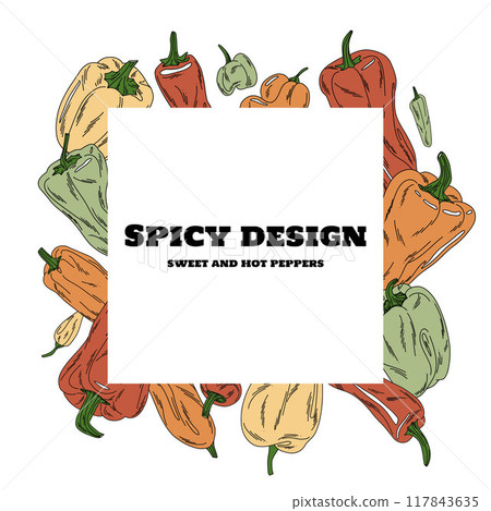 square designer template outer frame with colorful peppers doodle style for menu, invitation, print 117843635