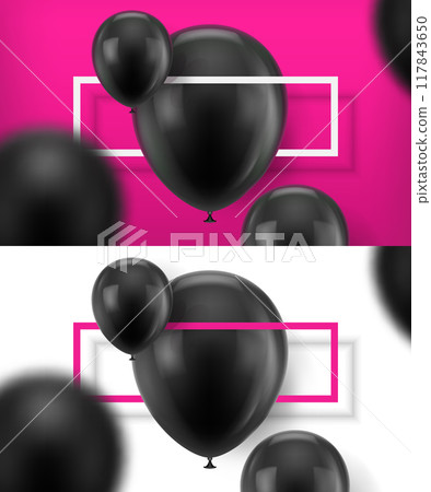 Black baloons vector. Two banners with black realistic balloons, in focus and blurred with frame. Vector illustration. 117843650