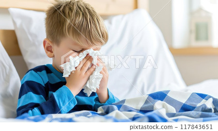 In the comfort of his home, a boy blows his nose on the couch. In the comfort of his home, a boy blows his nose on the couch. 117843651