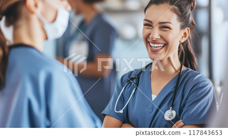 Smiles and laughter are contagious as these medical heroes take a break, nurturing their own well-being while building a supportive network of colleagues 117843653