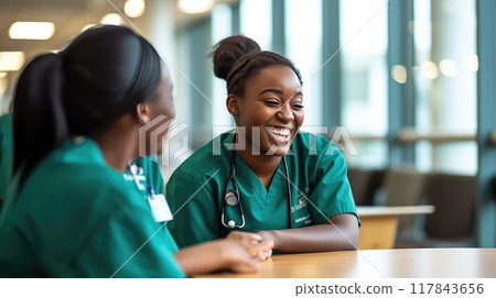 Laughter fills the room as these medical heroes unwind during their break, forging connections that strengthen their ability to provide exceptional care 117843656