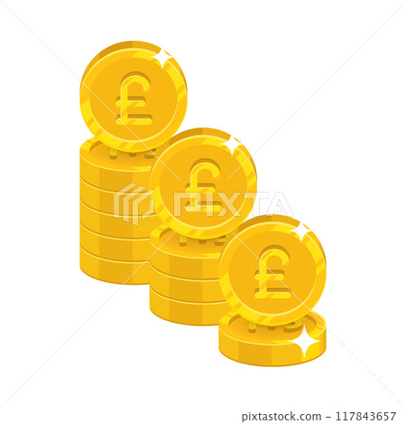 Piles gold pounds isolated cartoon icon. Three heaps of gold pounds and pound signs for designers and illustrators. Gold stacks of pieces in the form of a vector illustration 117843657