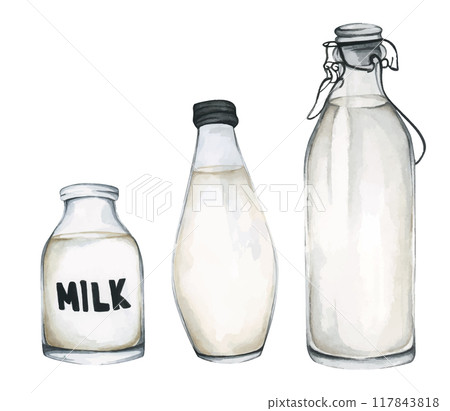 Set of milk. Watercolor illustration for decoration. Set of milk. Watercolor illustration for decoration. 117843818