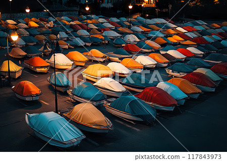 Many parked boats covered with bright colored covers, stored on the asphalt site of the port city, lined up in even rows at night 117843973