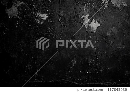 Dark vignette abstract image of a grunge rough black cement wall with peeling paint 117843986