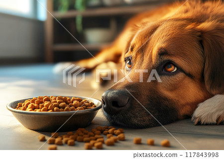 A sad dog lies near a bowl filled with food, looking up sadly, surrounded by warm light coming through the window 117843998
