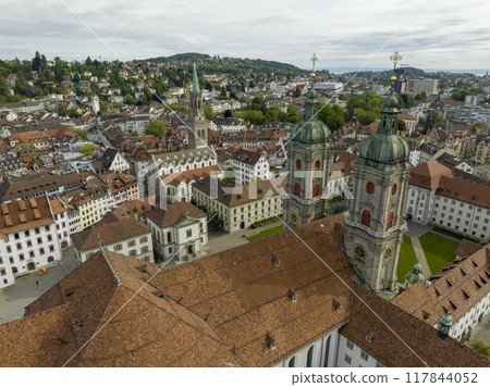 St. Gallen Cityscape Skyline, Abbey Cathedral of Saint Gall in Switzerland in a day. Beautiful Aerial View with drone.  117844052
