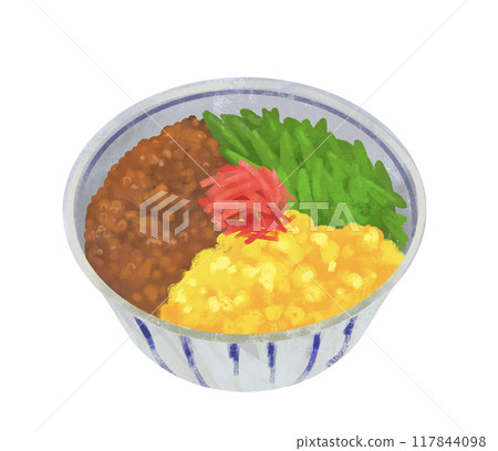 Illustration of three-color minced meat rice bowl, rice bowl, rice bowl 117844098