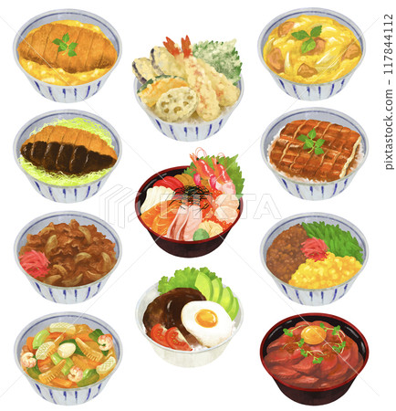 Illustration set of various rice bowls Rice bowls Illustration set of various rice bowls Rice bowls 117844112