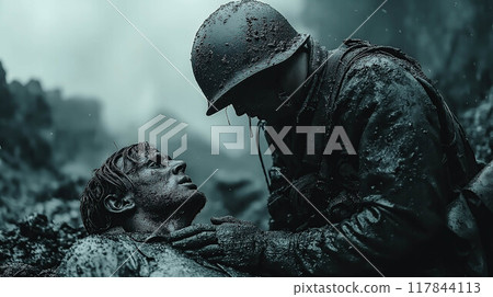 Cinematic of World War II soldiers. Military operation and War Concept. Generative Ai. Cinematic of World War II soldiers. Military operation and War Concept. Generative Ai. 117844113