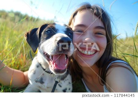 A happy dog and owner are smiling in nature in a wild meadow and taking selfie photos against the background of a clear daytime sky. Affection and love for a pet concept. Generative AI A happy dog and owner are smiling in nature in a wild meadow and taking selfie photos against the background of a clear daytime sky. Affection and love for a pet concept. Generative AI 117844145