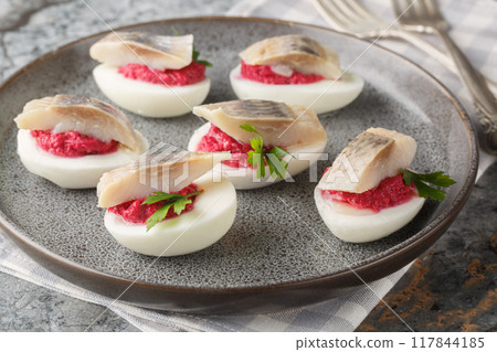 Stuffed eggs with beets and salted fish herring close-up in a plate. Horizontal 117844185