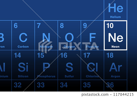 Neon element on the periodic table. Noble gas and chemical element with symbol Ne from Greek neos, meaning new, and with atomic number 10. Used in neon glow lamps with distinct reddish-orange glow. 117844215