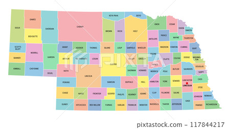 Nebraska, U.S. state, subdivided into 93 counties,multi colored political map with capital Lincoln, borders and county names.State in the Midwestern region of the United States. The Cornhusker State. 117844217