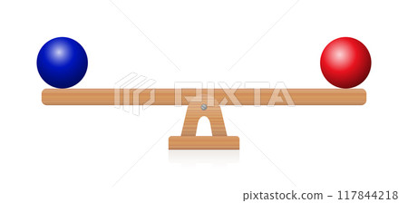 Balance of blue and red sphere on seesaw. Balls of same size and weight but of different colors, equidistant from the middle, in perfect balance on wooden seesaw. Symbol of a fragile balance of power. 117844218