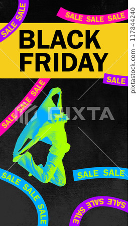Vibrant advertisement for Black Friday, person jumping in mid-air surrounded by brightly colored SALE banners and the phrase BLACK FRIDAY. Contemporary art collage. Vibrant advertisement for Black Friday, person jumping in mid-air surrounded by brightly colored SALE banners and the phrase BLACK FRIDAY. Contemporary art collage. 117844240