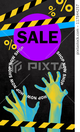 Striking advertisement for sale, with large purple circle with word SALE, surrounded by yellow caution tape and two outstretched hands. Contemporary art collage. Striking advertisement for sale, with large purple circle with word SALE, surrounded by yellow caution tape and two outstretched hands. Contemporary art collage. 117844257
