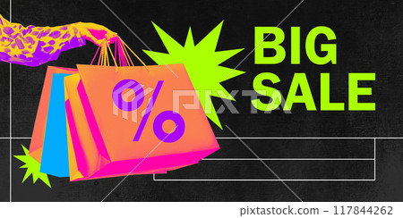 Hand holding colorful shopping bags with bold sale symbols, excitement about upcoming shopping during Black Friday big sales. Contemporary art collage. Hand holding colorful shopping bags with bold sale symbols, excitement about upcoming shopping during Black Friday big sales. Contemporary art collage. 117844262