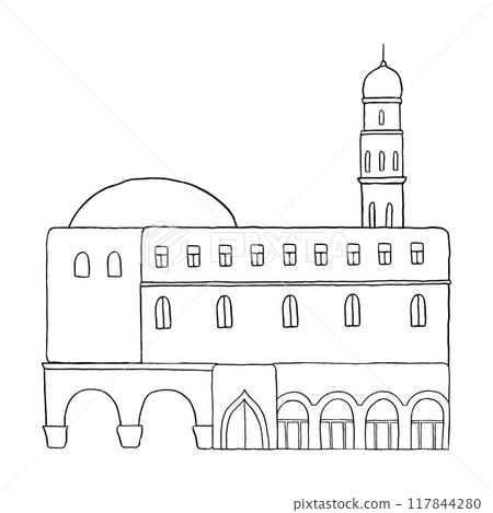 Ancient Saudi Arabia or Abu Dhabi building with tower, arches and dome in simple flat vector illustration. Black and white line Arabic house in Islamic countries sketch for tourist and travel designs 117844280