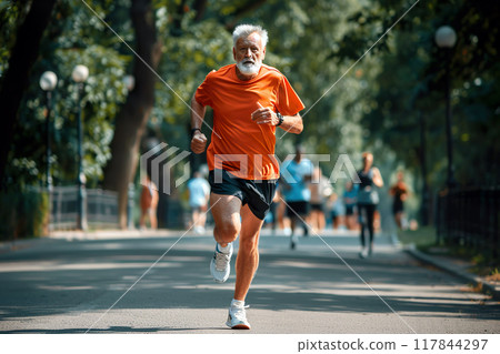 A senior man with a white beard runs confidently on a sunny day in a park, surrounded by other runners. His determination and energy are evident. Generative AI 117844297