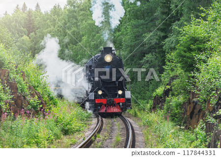Retro steam train moves between the rocks. 117844331