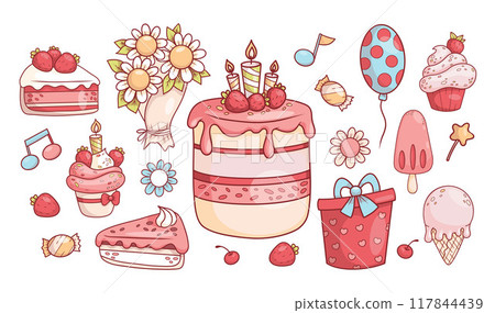 Holiday collection. Bouquet of flowers chamomile, birthday cake with candles and strawberries, cupcakes, gift, ice cream and balloon. Isolated festive items. Vector illustration. Holiday collection. Bouquet of flowers chamomile, birthday cake with candles and strawberries, cupcakes, gift, ice cream and balloon. Isolated festive items. Vector illustration. 117844439