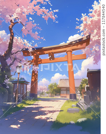 Spring cherry blossoms and shrine scenery AI image 117844540