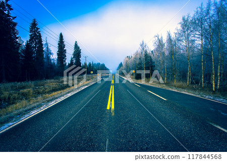 Autumn road view from Sotkamo, Finland. 117844568