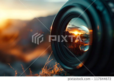 Beautiful mountain sunset landscape as reflected in a photographic lens close up. Travel concept. Generative AI 117844672