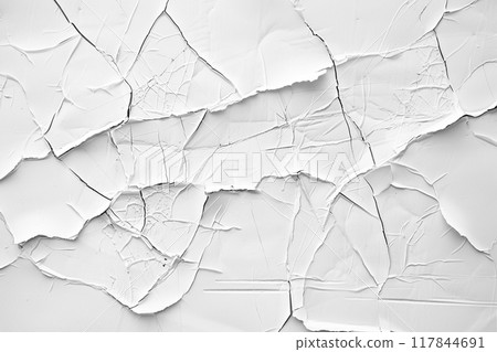 White cracks and scratches on a white old painted peeling wall close up. Cracked damaged vintage surface. Retro grunge background. Generative AI 117844691