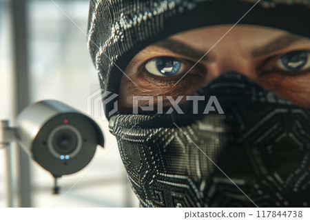 Close-up of a masked man and surveillance camera Close-up of a masked man and surveillance camera 117844738