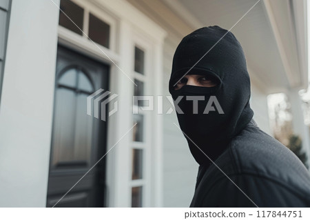 Man in black mask at the front door 117844751