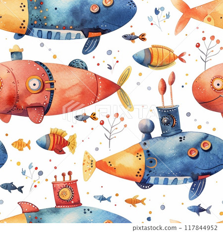 Watercolor pattern with cartoon submarines. 117844952