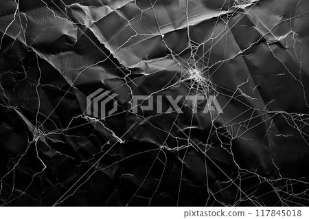 Grunge black crumpled paper texture with web natural scratched pattern. Abstract aged dark textured surface as design element. Generative AI 117845018