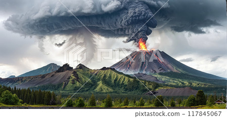 Fictitious representation of a volcanic eruption with heavy ash and dust emission, dangerous rivers of lava, volcanic eruption as a danger to people, infrastructure and global air traffic 117845067