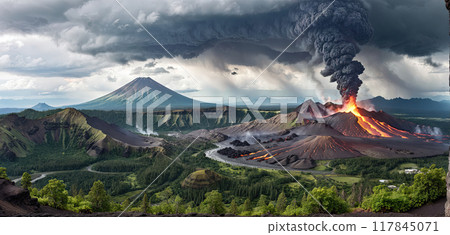 Fictitious representation of a volcanic eruption with heavy ash and dust emission, dangerous rivers of lava, volcanic eruption as a danger to people, infrastructure and global air traffic 117845071