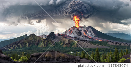 Fictitious representation of a volcanic eruption with heavy ash and dust emission, dangerous rivers of lava, volcanic eruption as a danger to people, infrastructure and global air traffic Fictitious representation of a volcanic eruption with heavy ash and dust emission, dangerous rivers of lava, volcanic eruption as a danger to people, infrastructure and global air traffic 117845074