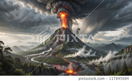 Fictitious representation of a volcanic eruption with heavy ash and dust emission, dangerous rivers of lava, volcanic eruption as a danger to people, infrastructure and global air traffic 117845084