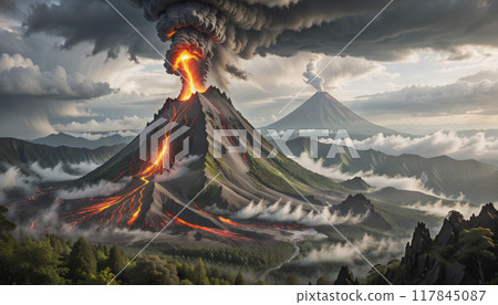 Fictitious representation of a volcanic eruption with heavy ash and dust emission, dangerous rivers of lava, volcanic eruption as a danger to people, infrastructure and global air traffic Fictitious representation of a volcanic eruption with heavy ash and dust emission, dangerous rivers of lava, volcanic eruption as a danger to people, infrastructure and global air traffic 117845087